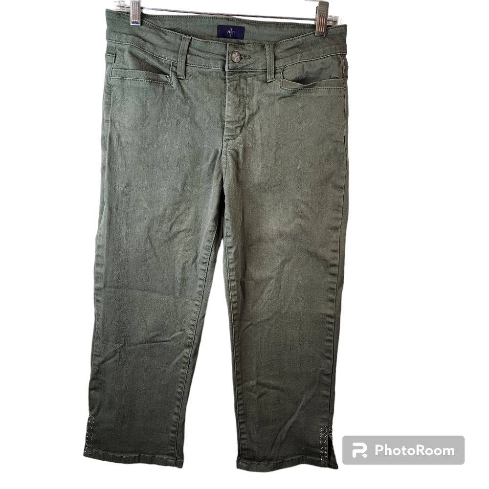NYDJ Crop Womens Size 4 Olive Green Denim Lift Tuck‎ Tech Capri Jeans Slit Ankle